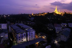 Burma - Yangon - Shwedagon pagoda at night from rooftop