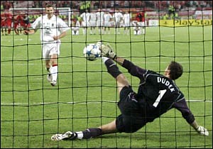 Jerzy Dudek's save from Shevchenko's penalty seals cup glory for Liverpool 25 May 2005 Istanbul