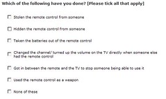 Screenshot of YouGov poll question that asks if you've ever stolen the remote control, or used it as a weapon, amongst other things!