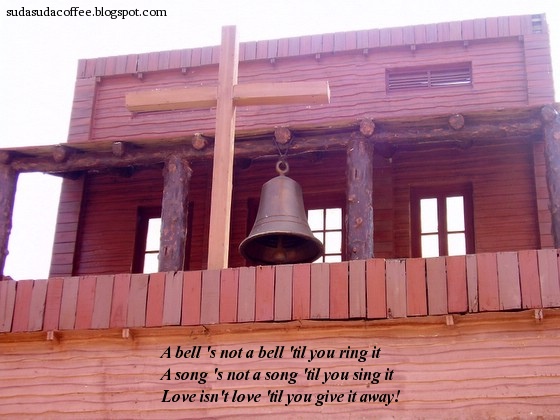 photograph of church bell and quote on love