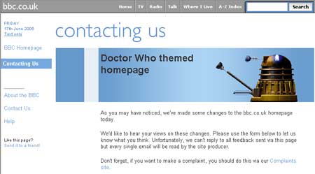 Doctor Who themed homepage feedback form on the bbc.co.uk site